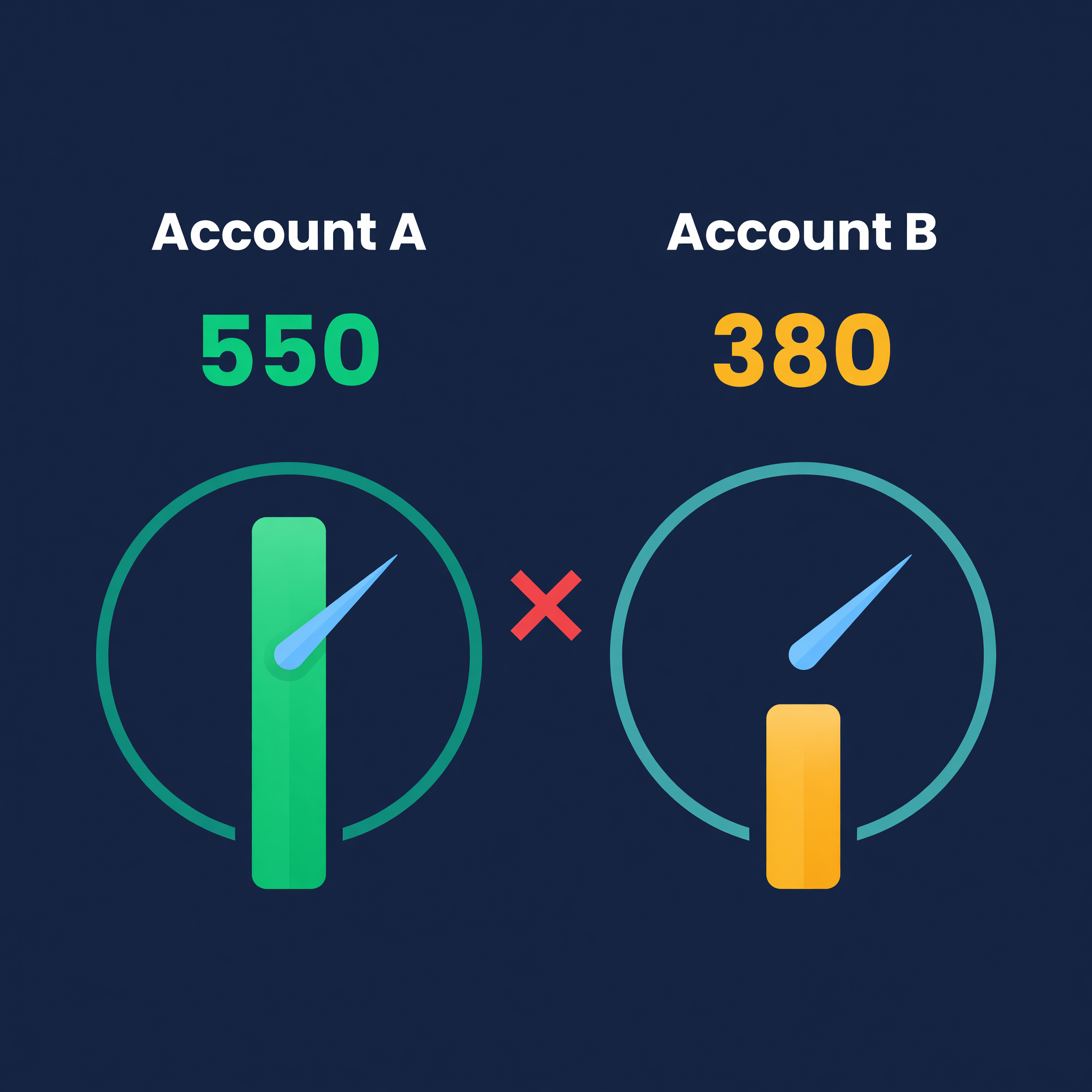 Two IPI score gauges side by side, one at 550 with generous storage capacity and one at 380 with restricted capacity and no transfer possible between them
