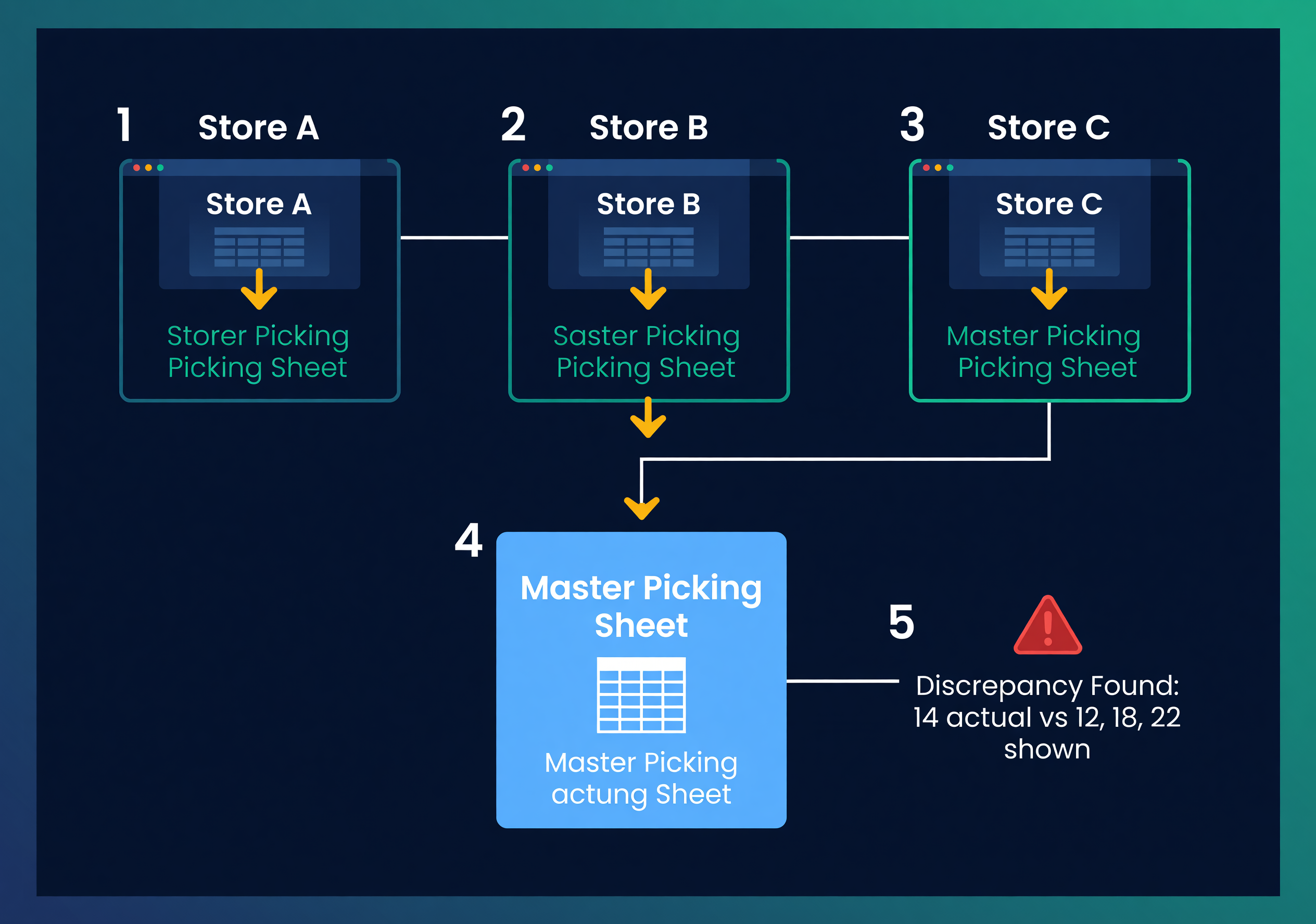 Morning workflow: export orders from three stores, consolidate into picking sheet, discover inventory discrepancies