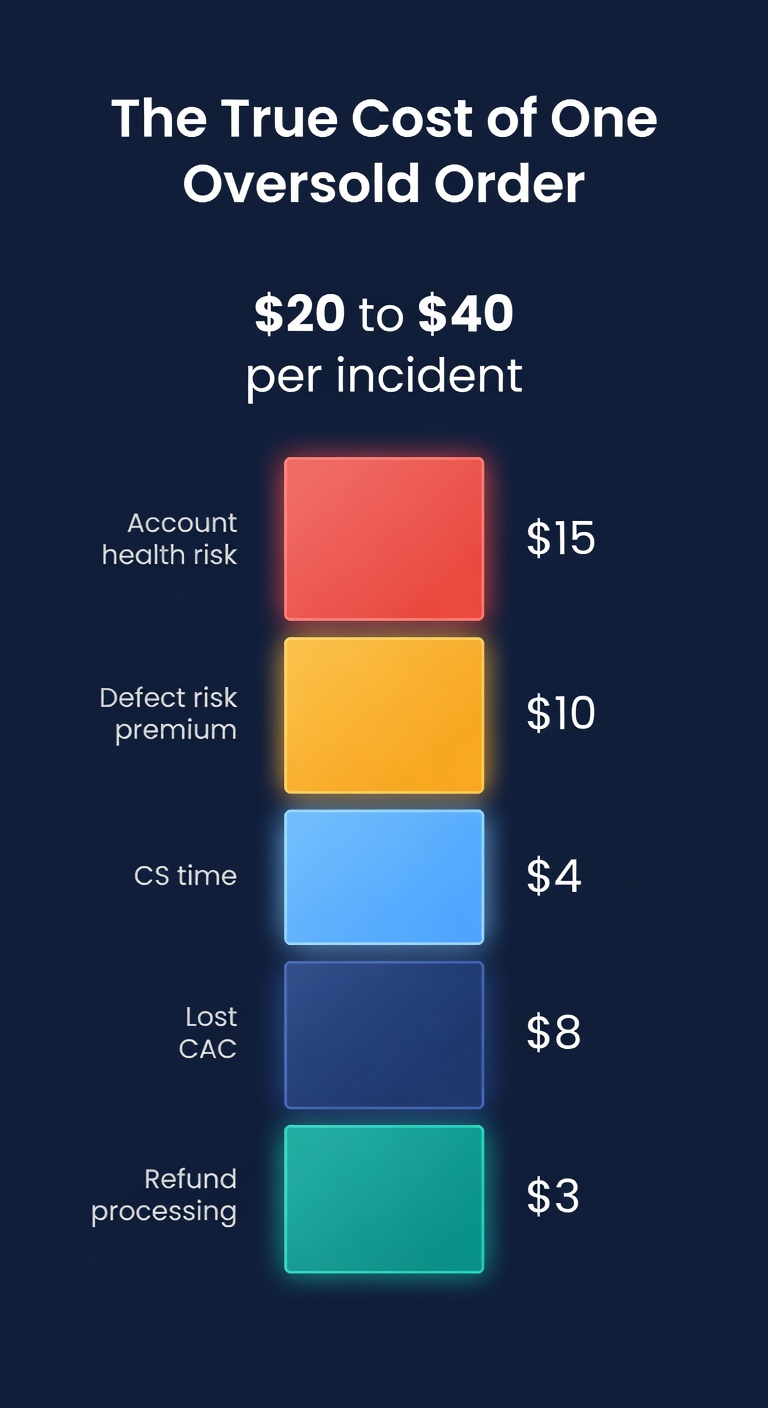 Cost breakdown of a single oversold order showing refund fees, lost CAC, defect risk, and CS time stacking into a $20-$40 incident cost