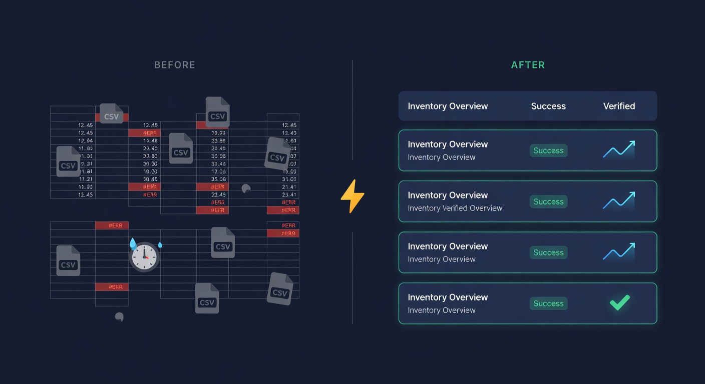 Split view: spreadsheet chaos on the left versus a unified inventory dashboard on the right