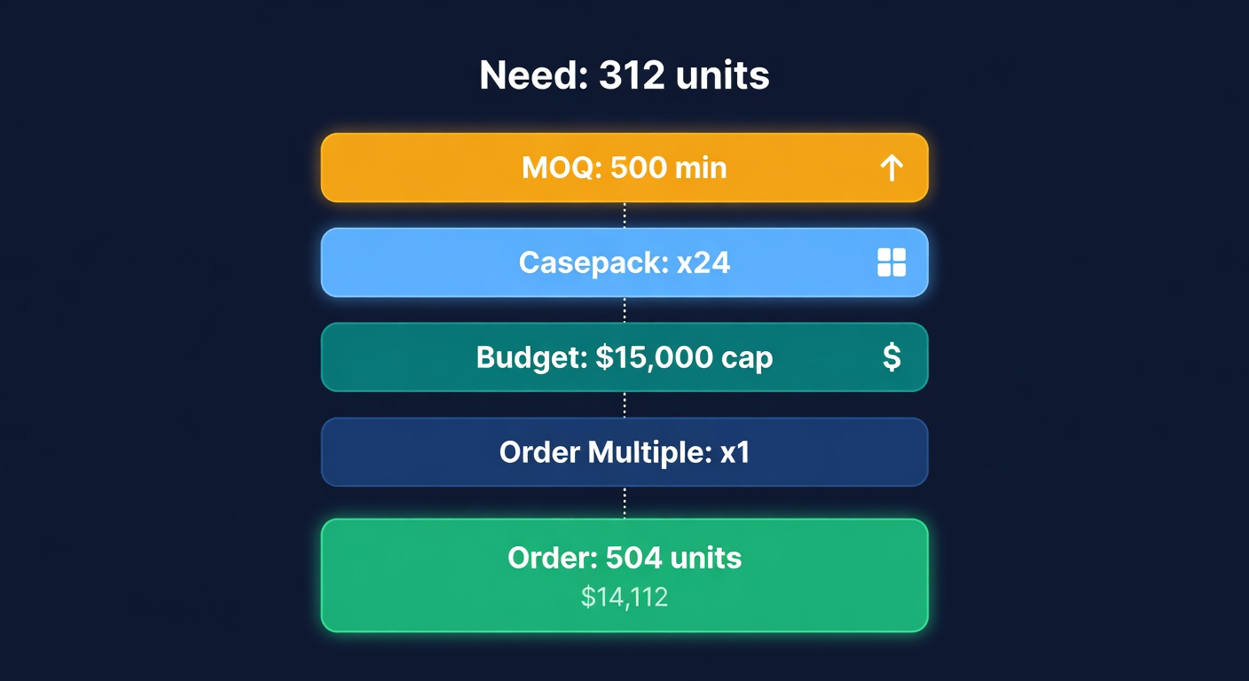 Constraint stacking: MOQ, casepack, and budget cap resolved to a final order quantity