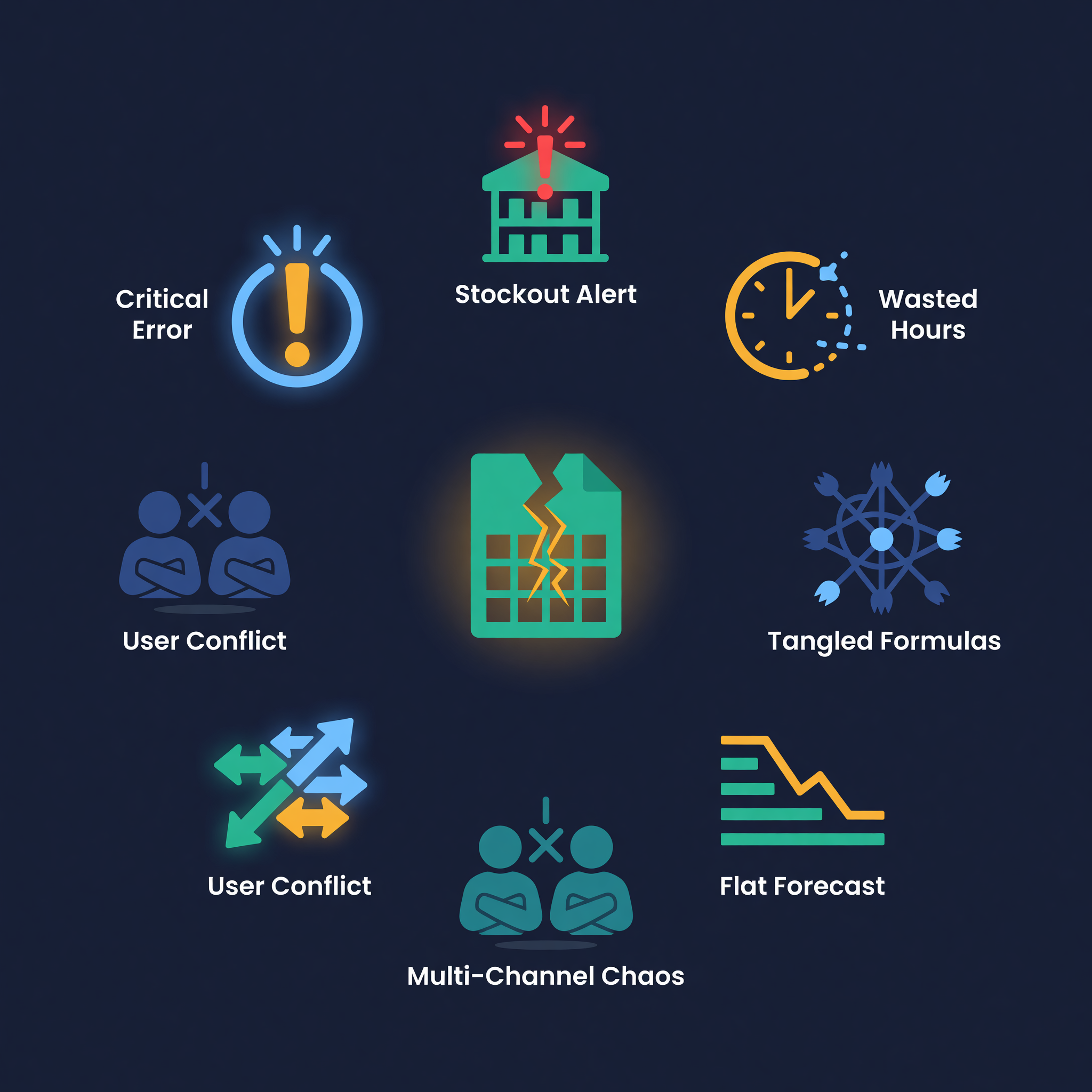 Seven warning signs arranged around a cracked spreadsheet icon: stockout alerts, wasted hours, tangled formulas, flat forecasts, multi-channel chaos, user conflicts, and error indicators